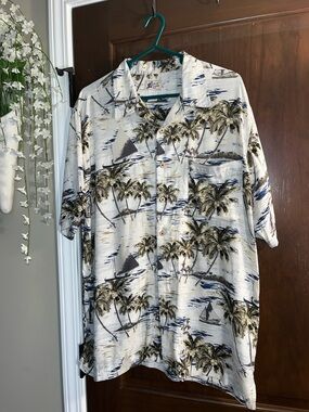 Cherokee Men's Tropical Palm Print Button-Down Shirt in Cream, Blue, Green